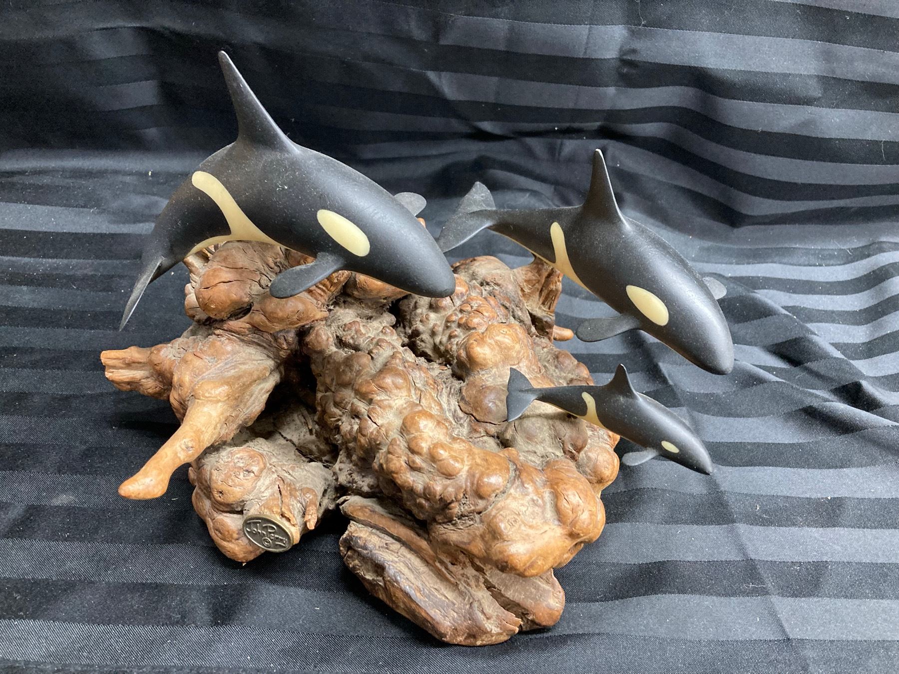 John Rey Orca JOHN PERRY ORCA KILLER WHALE FIGURINES ON BURL WOOD AND VINTAGE SAND ...