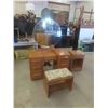 Image 1 : Oak Vanity Dresser 28'' x 43 1/2'' x 19'' , Mirror 35'' x 32'' , Stool & Night Stand 26'' x 