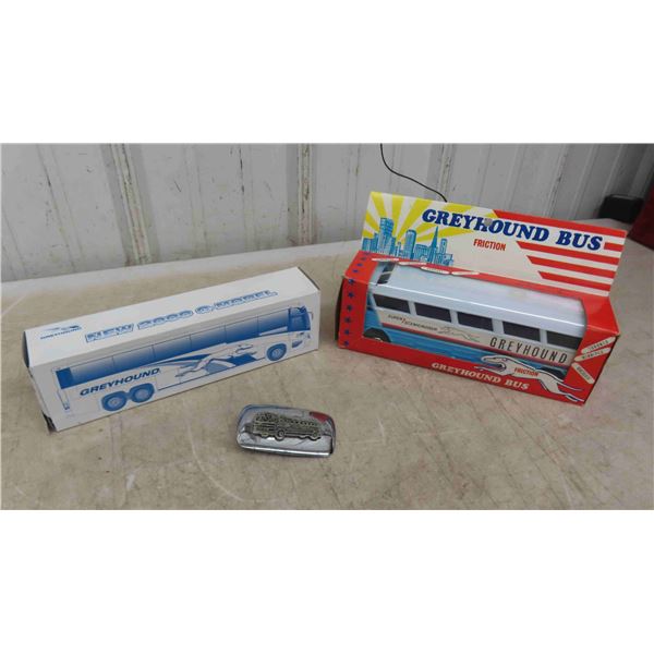 Greyhound Bus Lines Toy Lot: All in Original Boxes - Friction Bus , Coin Bank Bus, Vintage