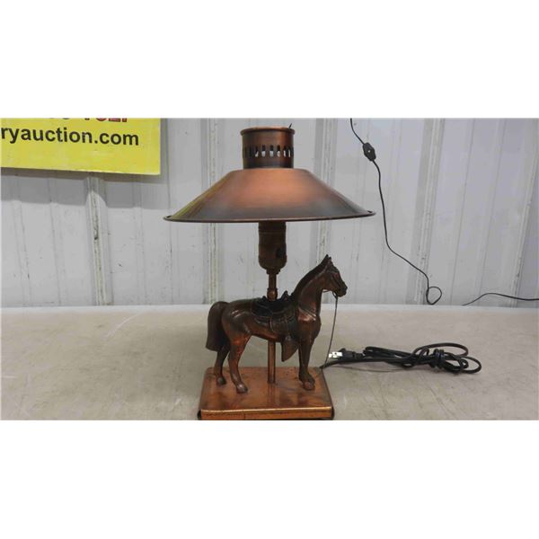 Antique Copper Lamp Western Horse 12'' High with Shade -Works 