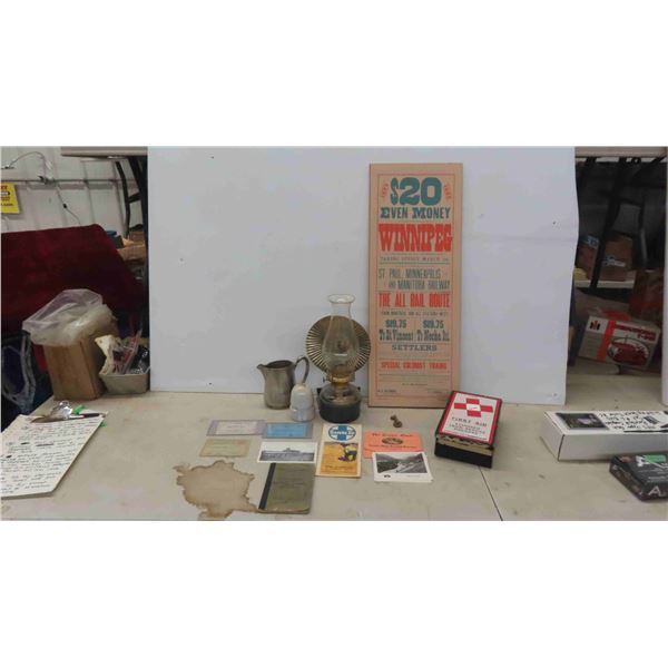 Antique Railway Lot: Caboose Oil Lamp, CPR Insulator, CPR Creamer, 500 Line Switch Lock 