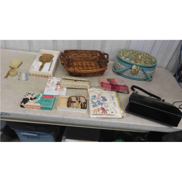 Vintage Brush, Mirror and Comb Set , 3 Piece Baby Set, Sewing Basket (Has Broken 