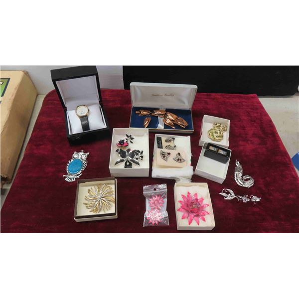 Fashion Jewelry, Some Vintage: Broaches, Earrings, Watch 