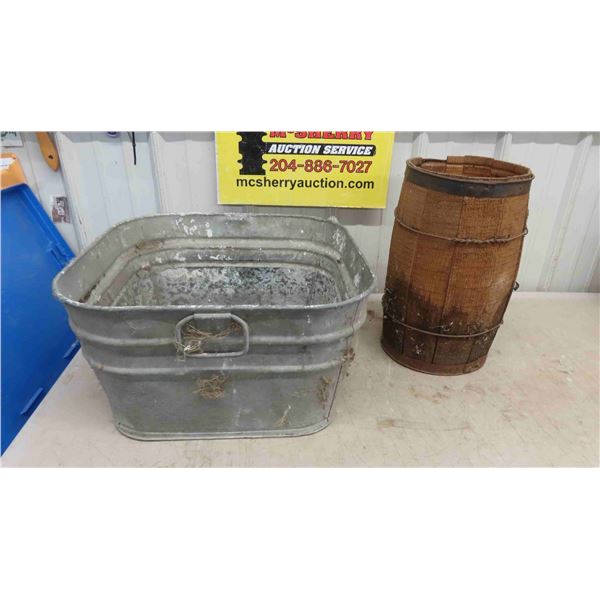 Galvanized Wash Tub, Wood Barrel 9 1/2'' x 17'' Tall
