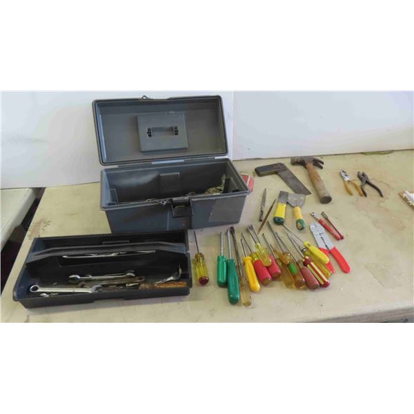 Tool Box Filled with Tools: Screwdrivers, Square, Wrenches, Glass Cutter