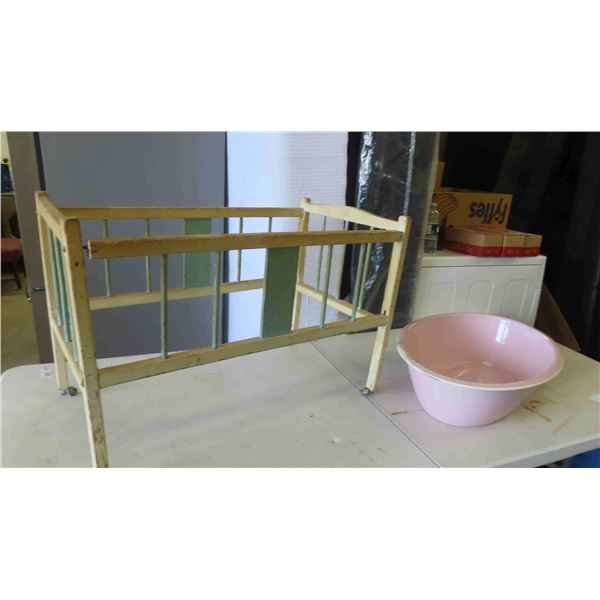 Vintage Pink Enamel Wash Basin 24'' x 16'' , Rolling Doll Crib No Bottom Support 