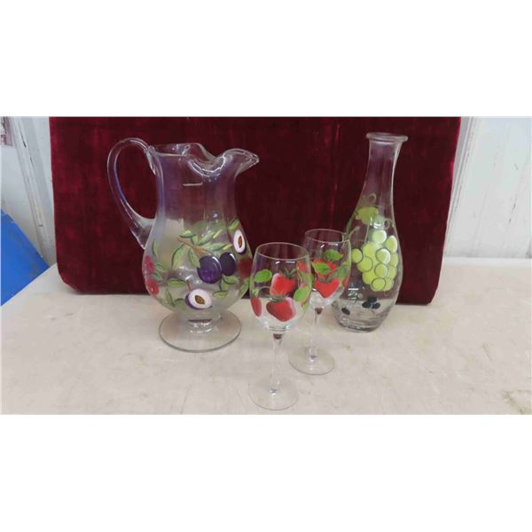 Hand Painted Pitcher, Vase and 2 Wine Glasses