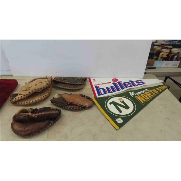 4 Vintage Trapper Gloves, Soft Ball, 2 Pendants