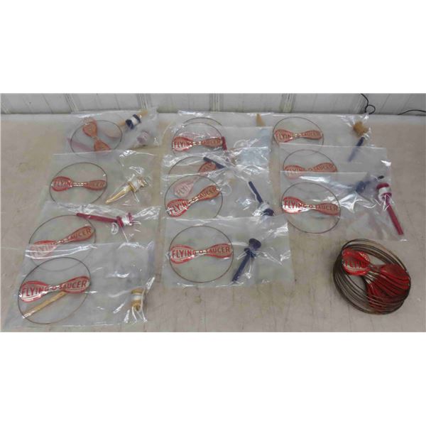 13 Metal Atomic Jet Flying Saucers with Wood Launcher Spools , 18 Extra Saucers