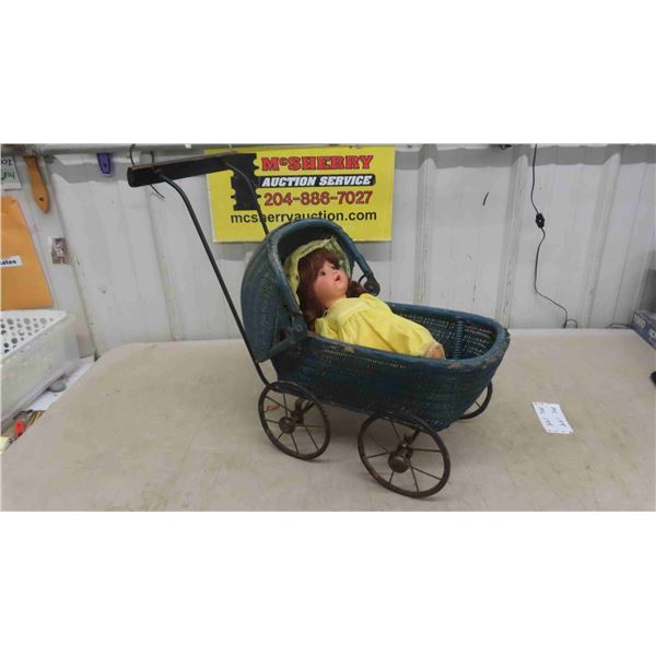 Vintage Doll Stroller, 1940s Era Porcelain Doll with 'Germany 996' on Back 