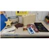 Image 1 : 6 New Mirror Tiles 12'' x 12'' , New Shower Curtain , Vintage Suitcase , Metal 