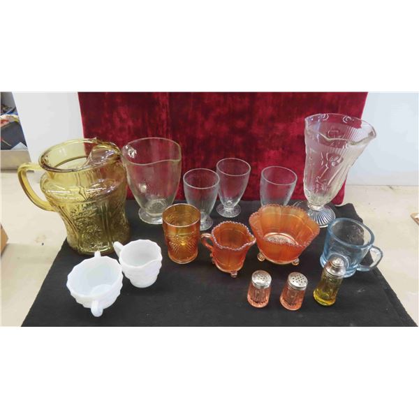 Vase, Pitchers, Salt and Peppers, Milk Glass Cream and Sugar, Carnival Glass,