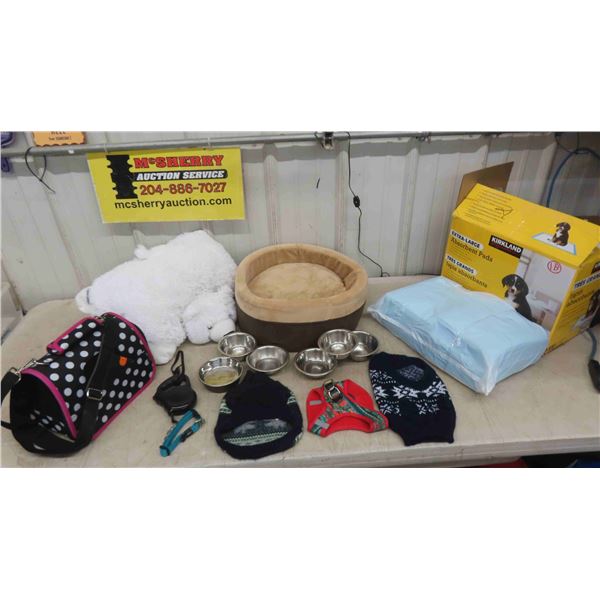 Dog Supplies: 2 Beds , Collar , Harness , Leash , 6 Stainless Bowls , 2 Small