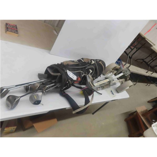 12 Golf Clubs Various Brands with Bag and Cart