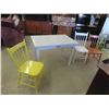 Image 1 : Vintage Painted Table with Drawer 29'' x 42'' x 27'' , 3 Painted Chairs 