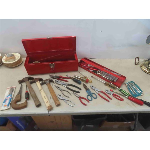 Tool Box with Various Tools - Hammers, Plyers, Screwdrivers, Plus