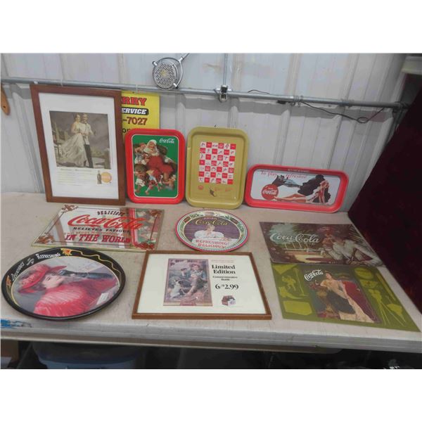 5 Coca Cola Trays, 2 Framed Advertisements, 2 Place Mats, Mirrored Sign 
