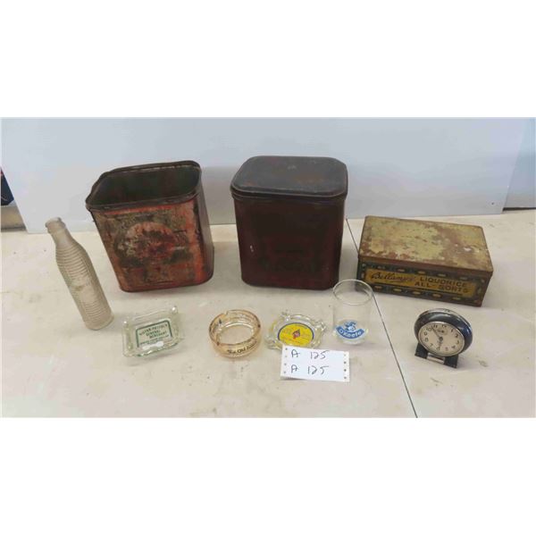 3 Tins, Ashtrays with Advertising, Glass Bottle, Beer Glass, Plus
