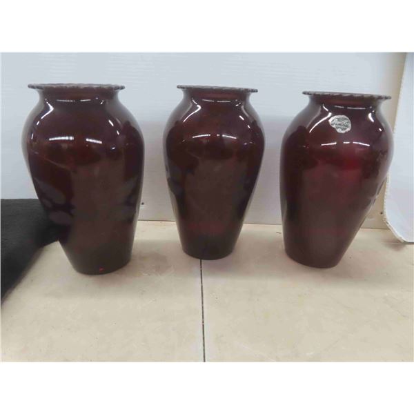 3 Ruby Glass Vases 