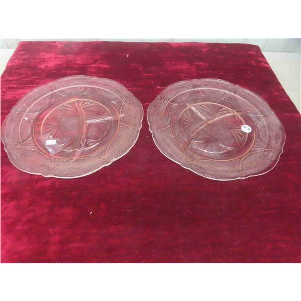 2 Pink Depression Glass Divided Plates 