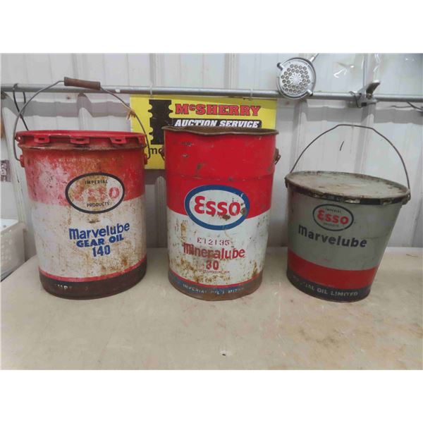 Esso 25lbs Grease Pail with Some Product, 2 Esso 5 Gallon Oil Pails (1 ...