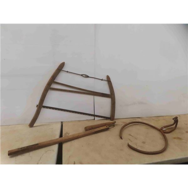 Vintage Wood Framed Hand Saw, Black Smith Made Ice Tongs , Grain 