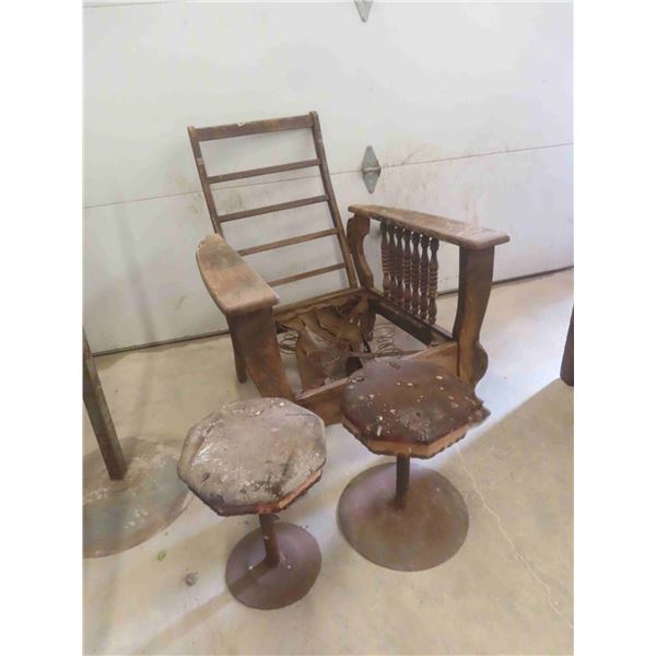 Oak Morris Chair (Needs Refinishing), 2 Home Made Bar Stools 