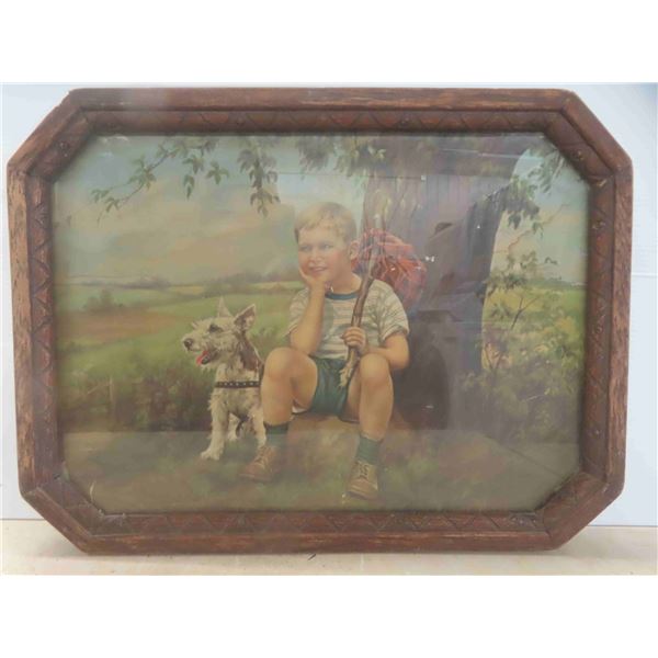 Vintage Wood Encased Dog and Boy Advertising Picture 21 1/4'' x 16''