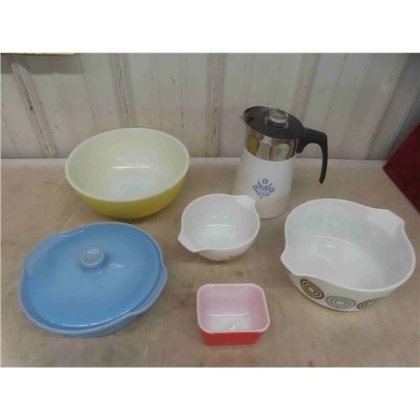 Corningware Perculator, 2 Pyrex Mixing Bowls, Casserole Dish with Lid, 