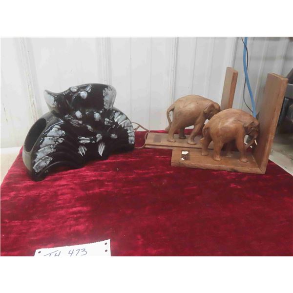 Vintage Ceramic Light 10 1/2'' x 3'' x 8'' Works , Wood Elephant Book Ends 