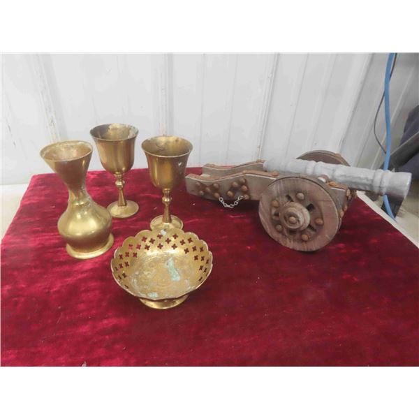 4 Pieces of Brass : Goblets, Dish, Vase , Wood & Metal Cannon 14'' x 5'' x 6 1/4'' 