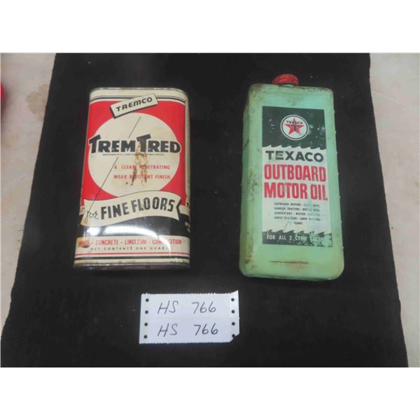 Tremco Trem-Tred Quart Can with Product, Texaco Outboard Motor Oil Plastic 