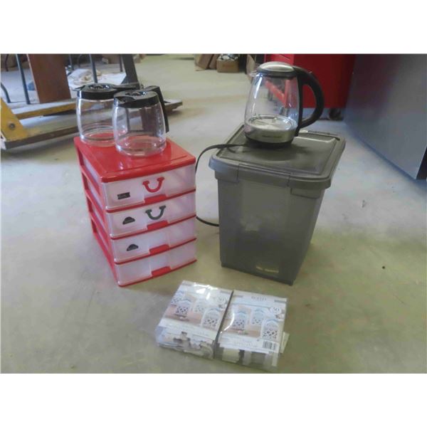 4 Drawer Organizer, Electric Kettle, New Old Stock 2 Packages of Favor Boxes, Plus