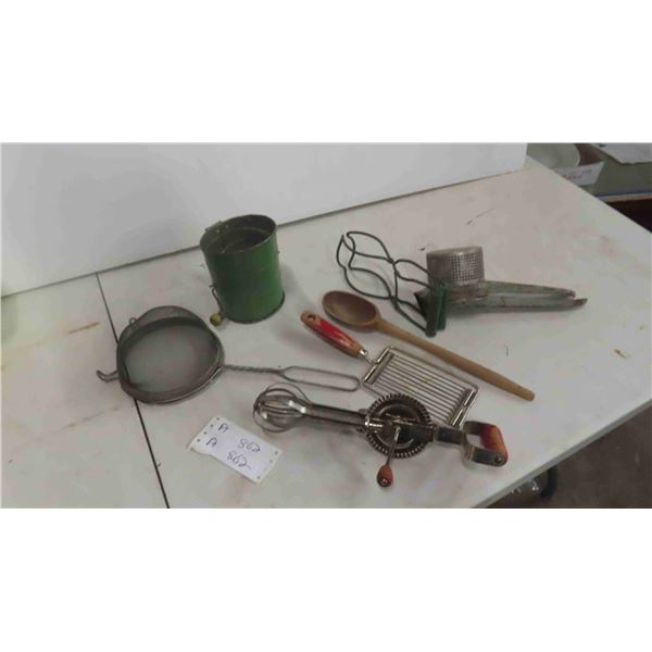 Vintage Kitchen Utensils , Flour Sifter, Jar Grab , Bad Memory Spoon, 
