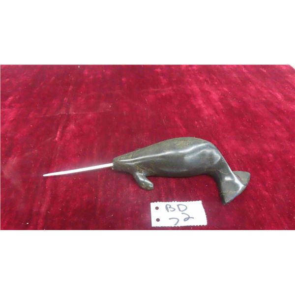Vintage Inuit Soapstone Carving of a Narwahl 9'' Long Including Tusk -Excellent Condition