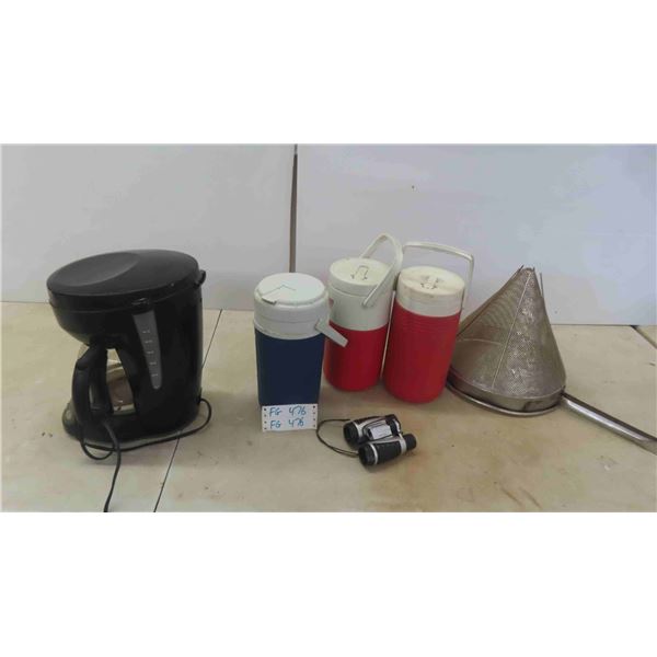 3 Coleman Jugs, 4x30 Binoculars, Coffee Maker, Large Strainer 