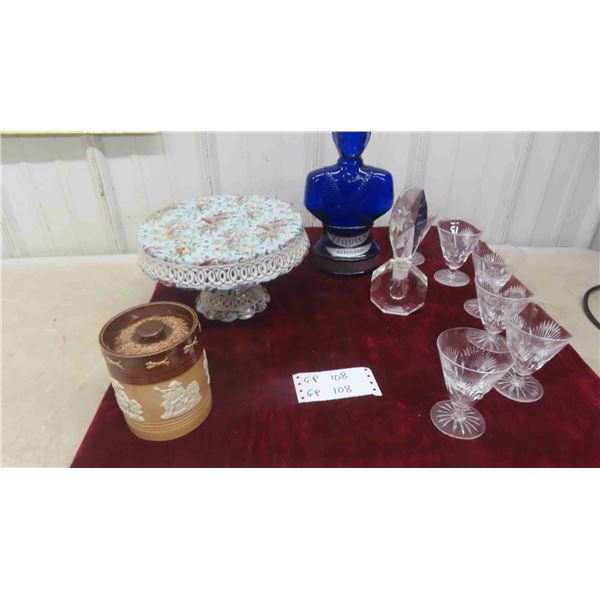 Royal Doultan Tobacco Jar, Pedestal Cake Stand, 7 Crystal Sorbet Glasses, 