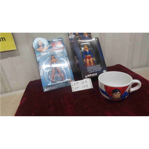 Supergirl and Wonder Woman Figurines, Superman Mug
