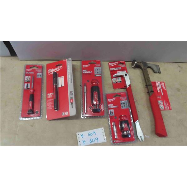6 New in Package Milwaukee Tools: 15oz Drywall Hammer, 12'' Nail Puller, 8 in 1 