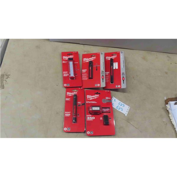 5 New in Package Milwaukee Lights: 350 Lumen Head Lamp , 500 Lumen 