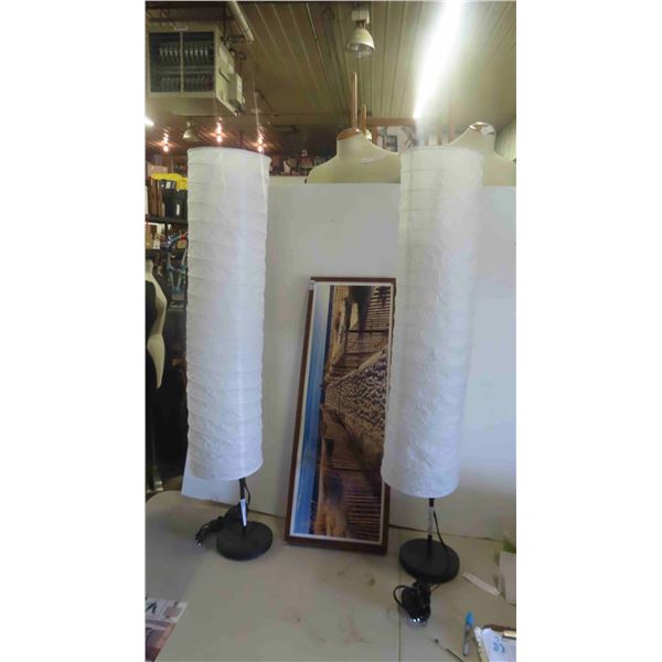 2 Floor Lamps , Coastal Beach Scene Large Picture 13'' x 36''