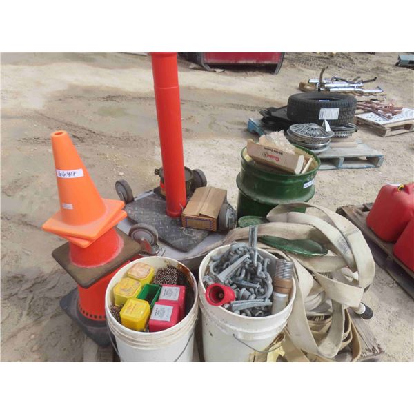 Miscellaneous Pallet: Fire Hose, Pylons, Gauges, Welding Rods, 
