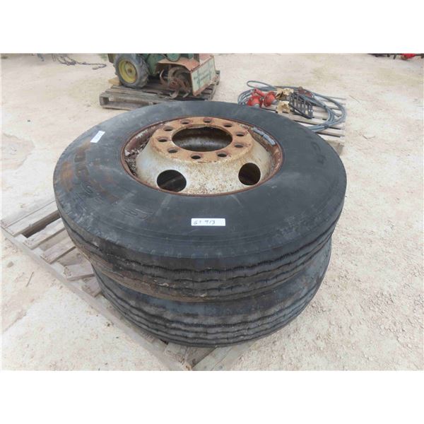 2 Semi Tires 12 R 22.5 with 10 Hole Rims 