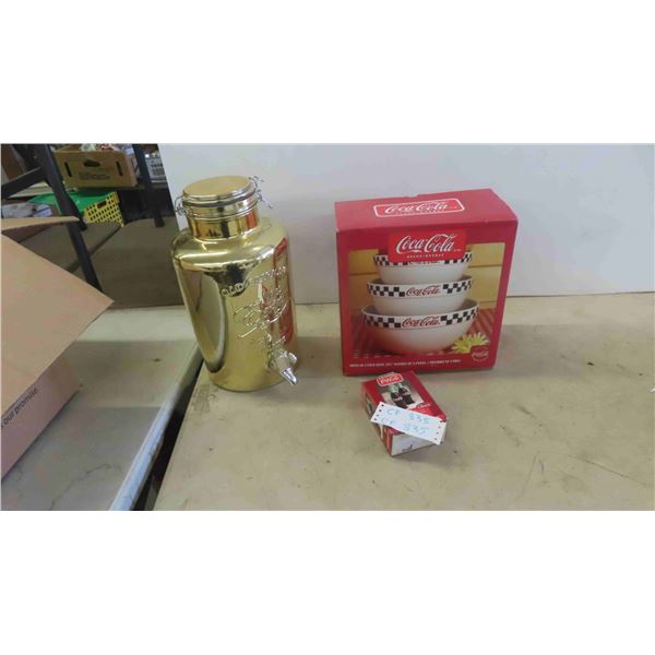 3 Piece Coca Cola Bowl Set , Salt and Pepper, Beverage Dispenser 