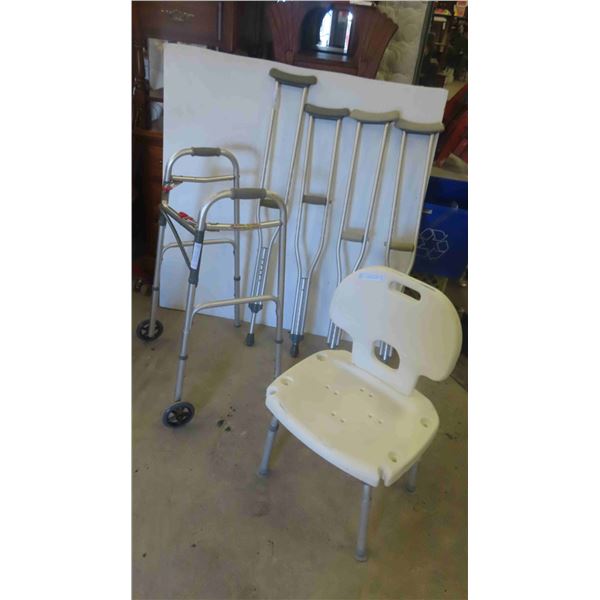 2 Sets of Aluminum Crutches, Walker, Bath Seat 