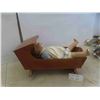 Image 1 : Vintage Wood Doll Cradle 20'' x 12 3/4'' x 12'' , Porcelain Doll 21'' Tall , 