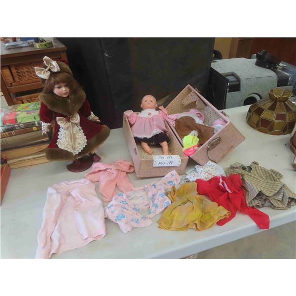 Porcelain Doll on Stand 17'' Tall , Doll Case 8'' x 8 1/2'' x 15 3/4'' , Doll Clothing