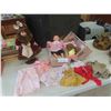 Image 1 : Porcelain Doll on Stand 17'' Tall , Doll Case 8'' x 8 1/2'' x 15 3/4'' , Doll Clothing