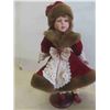 Image 2 : Porcelain Doll on Stand 17'' Tall , Doll Case 8'' x 8 1/2'' x 15 3/4'' , Doll Clothing