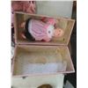 Image 4 : Porcelain Doll on Stand 17'' Tall , Doll Case 8'' x 8 1/2'' x 15 3/4'' , Doll Clothing